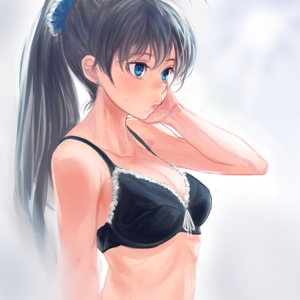 1girl, black_hair, blue_eyes, blush, bra, breasts, bukimi_isan, bust