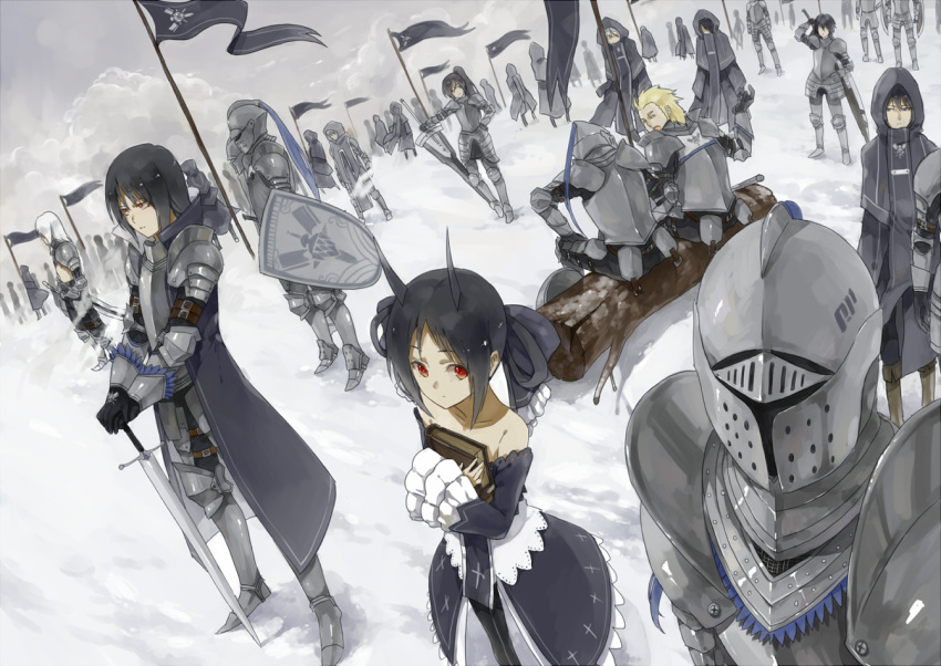 armor, army, banner, black_hair, cross, dutch_angle, hoodie, knight