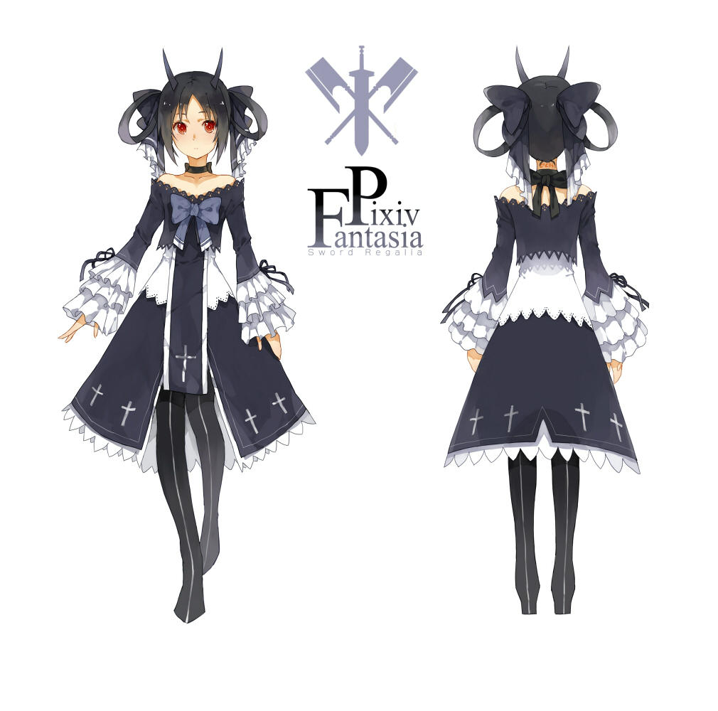 1girl, bare_shoulders, black_dress, black_hair, boots, bow, character_profile, character_request