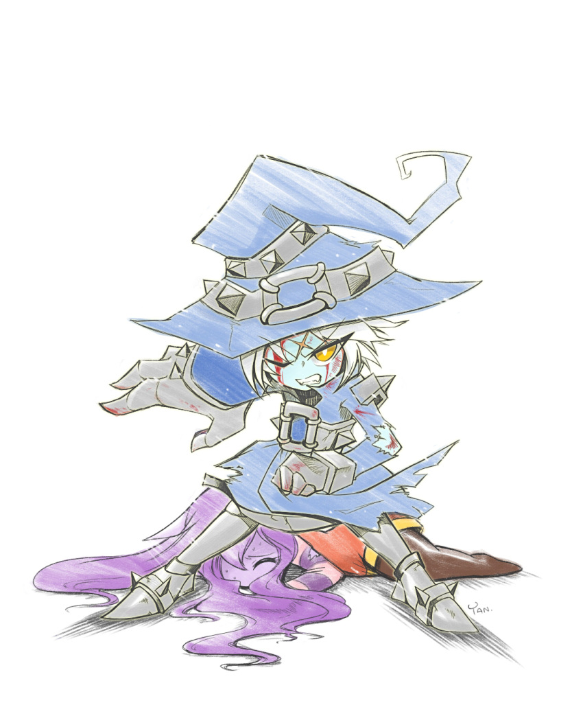 blood, blue_skin, boots, closed_eyes, gloves, hat, highres, injury, league_of_legends, lulu_(league_of_legends), purple_hair, scar, torn_clothes, veigar, white_hair, wink, yan531, yellow_eyes, yordle