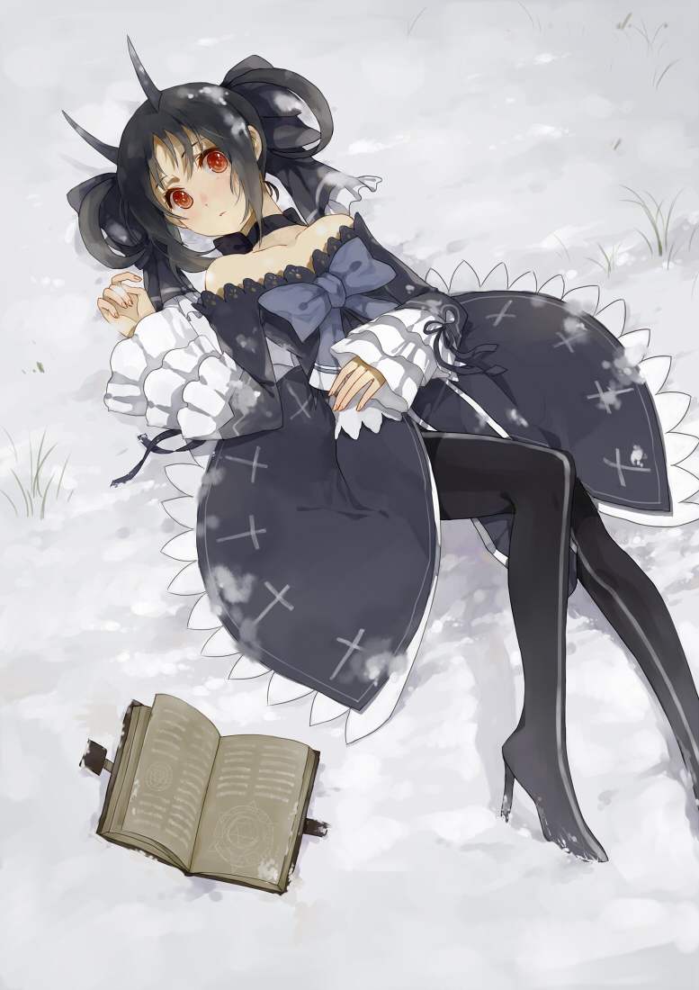1girl, bare_shoulders, black_hair, blush, book, boots, bow, choker
