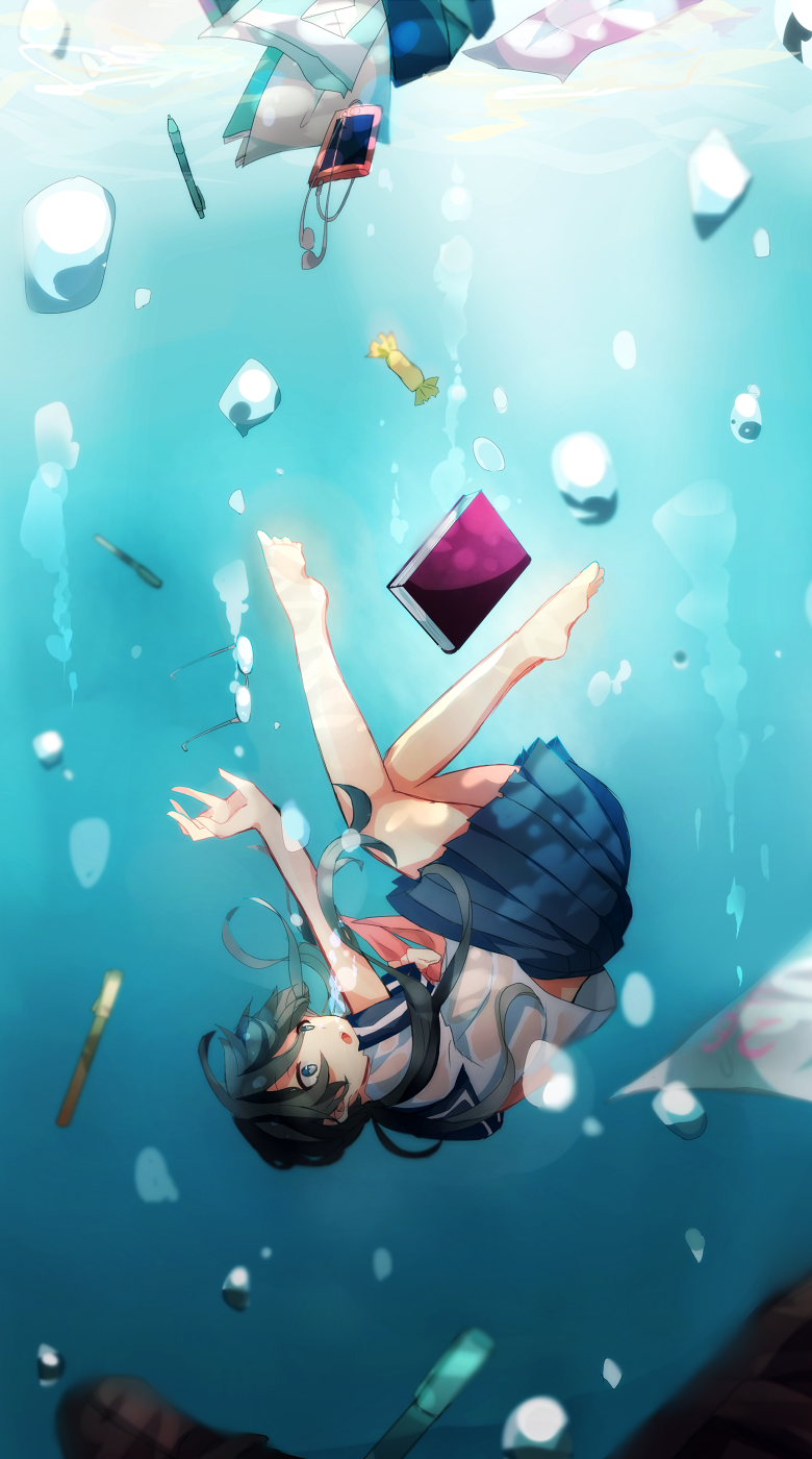1girl, barefoot, black_hair, blue_eyes, book, bubble, candy, digital_media_player