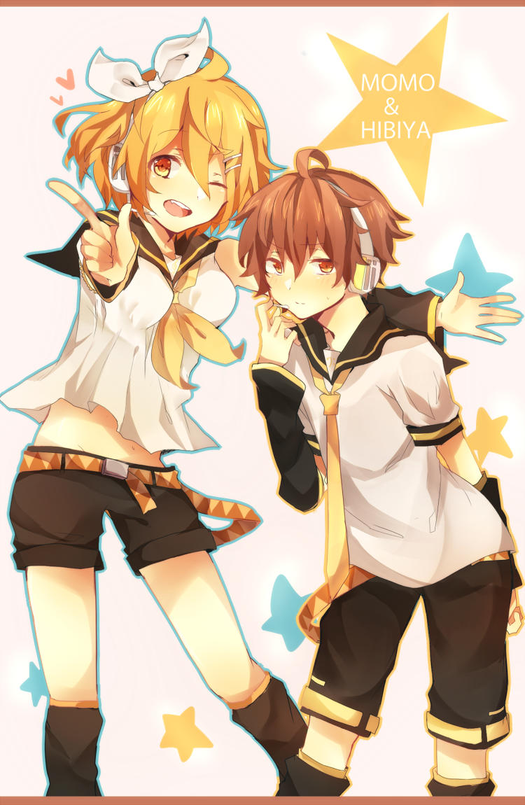 1boy, 1girl, blonde_hair, brown_hair, cosplay, detached_sleeves, hair_ribbon, headphones, heart, hibiya_(kagerou_project), kagamine_len_(cosplay), kagamine_rin_(cosplay), kagerou_project, kisaragi_momo, necktie, open_mouth, ribbon, short_hair, star, vocaloid, wink, yellow_eyes, yuuuuri