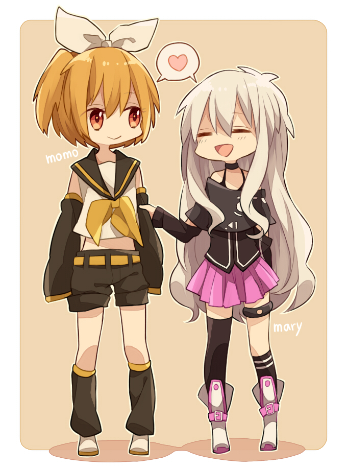 2girls, bare_shoulders, blonde_hair, ia_(cosplay), kagamine_rin_(cosplay), kagerou_project, kisaragi_momo, long_hair