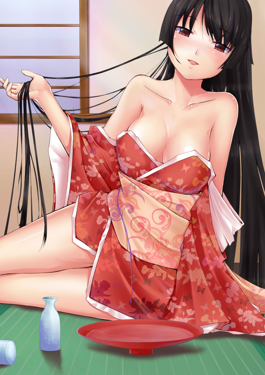 1girl, absurdres, bare_shoulders, black_hair, blush, breasts, brown_eyes, cleavage