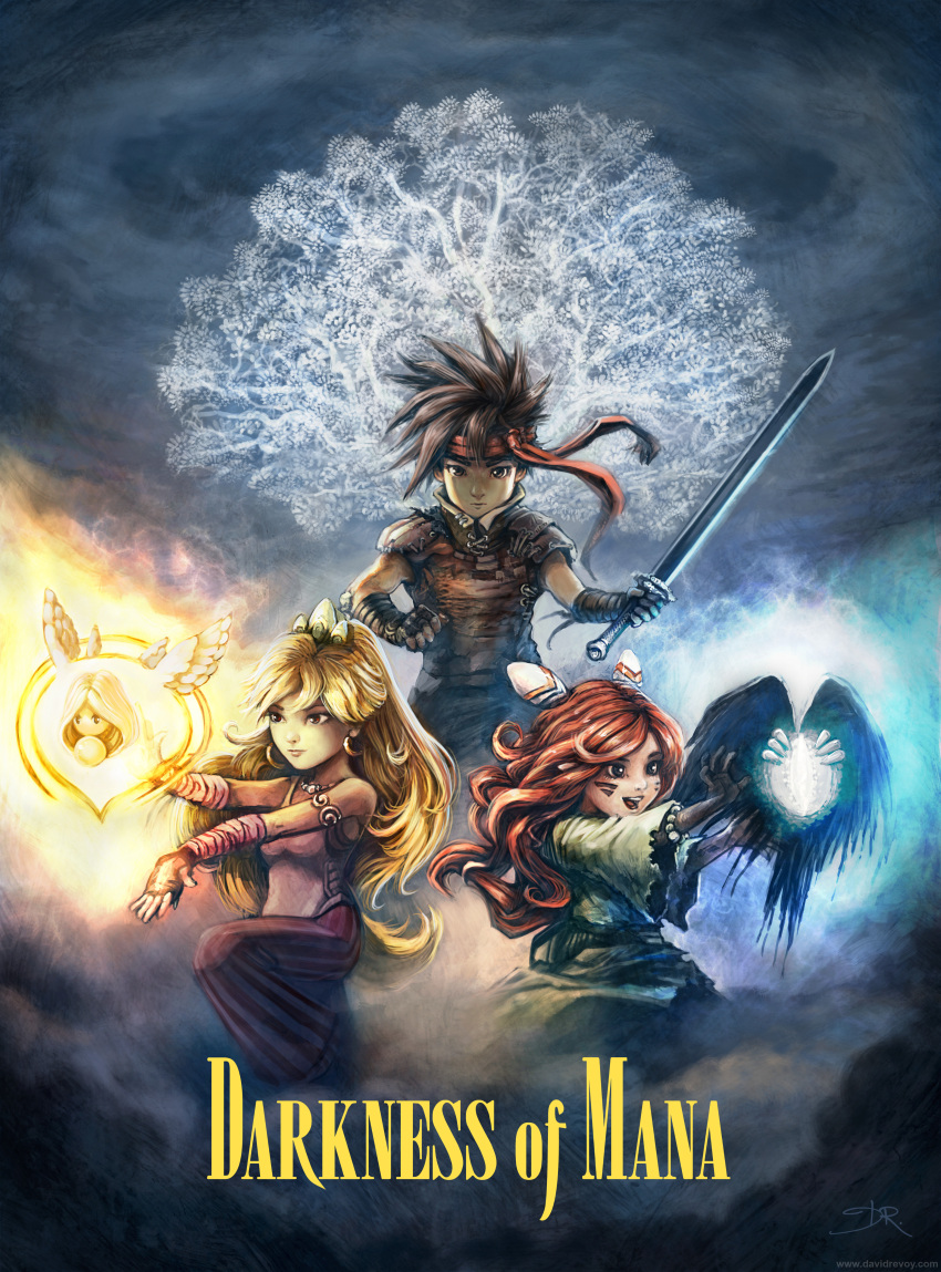 1girl, 2boys, absurdres, androgynous, armlet, armor, blonde_hair, brown_hair
