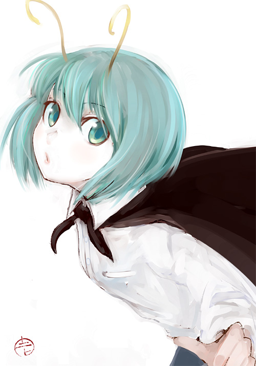 1girl, antennae, aqua_eyes, aqua_hair, green_eyes, green_hair, itsukage, short_hair