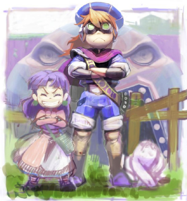 1boy, 1girl, closed_eyes, crossed_arms, friends, goggles, grandia, grandia_i
