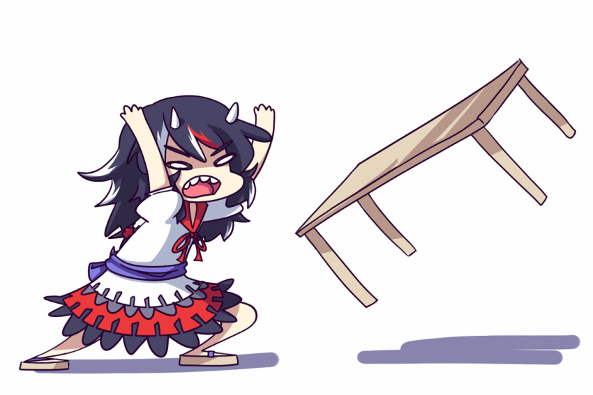 animated, animated_gif, black_hair, horns, kijin_seija, table, table_flip, touhou