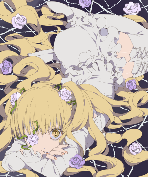 1girl, blonde_hair, boots, crossed_arms, dress, eyepatch, flower, grin