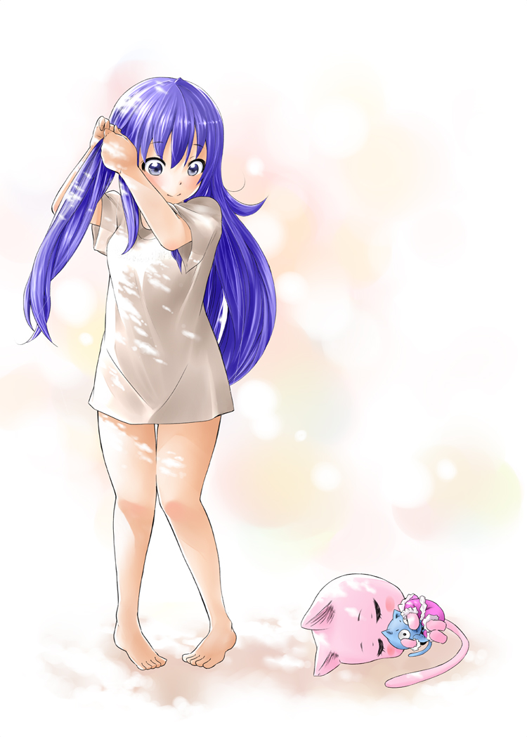 1girl, barefoot, blue_eyes, blue_hair, blush, blush_stickers, cat, character_doll