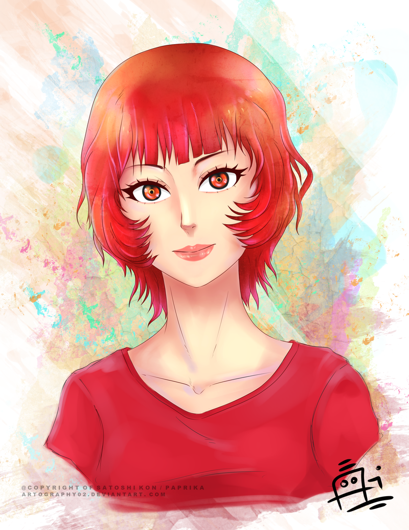 1girl, bust, collarbone, eyelashes, lips, looking_at_viewer, paprika, paprika_(character), ran-zu, red_eyes, redhead, short_hair, smile, solo, t-shirt