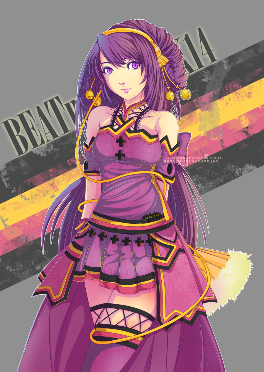 1girl, armband, arms_behind_back, bare_shoulders, beatmania, beatmania_iidx, bell, bracelet
