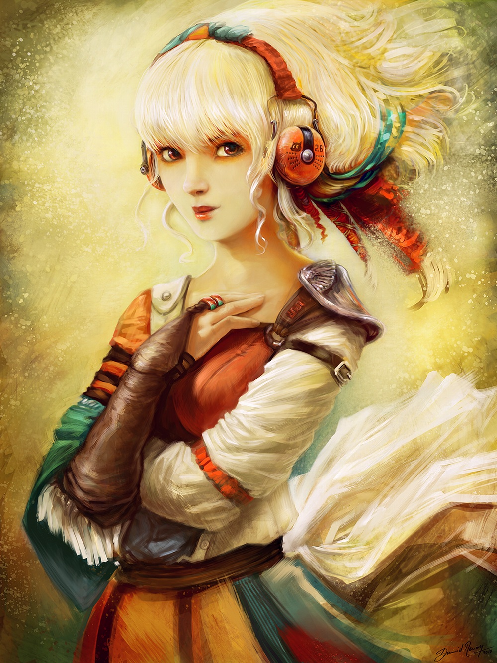 1girl, blonde_hair, bracer, bridal_gauntlets, david_revoy, hair_ornament, headphones, highres