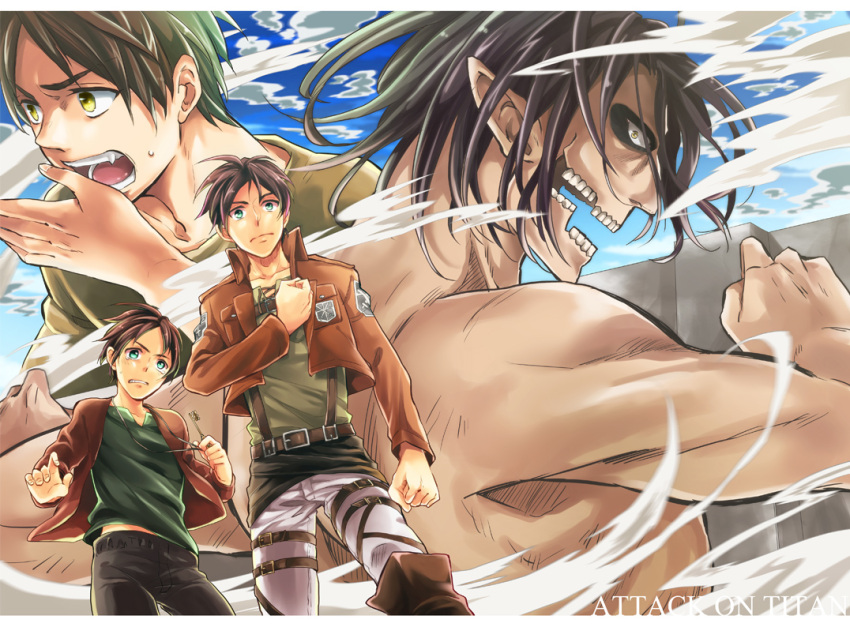 black_hair, eren_jaeger, green_eyes, juliacco, multiple_persona, pointy_ears, rogue_titan, shingeki_no_kyojin