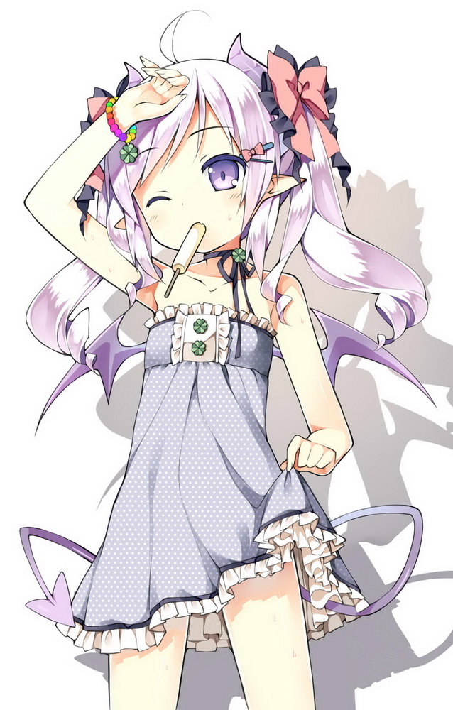 1girl, ahoge, bare_shoulders, demon_girl, demon_tail, demon_wings, dress, fang