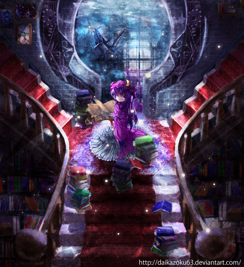1girl, absurdres, book, bookshelf, crescent, daikazoku63, dress, hat