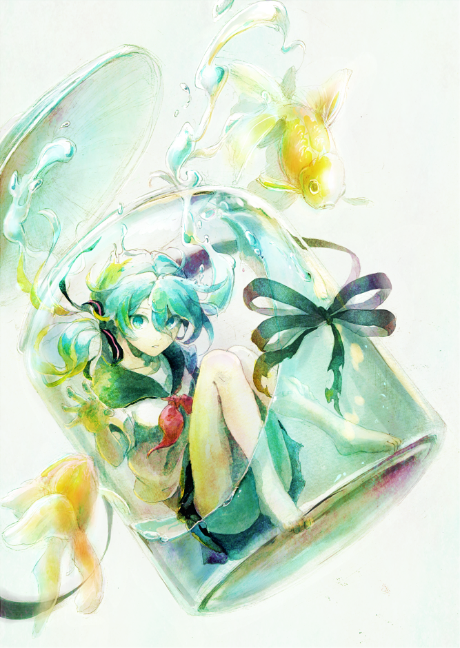 1girl, barefoot, blue_eyes, blue_hair, bottle, bottle_miku, fish, goldfish