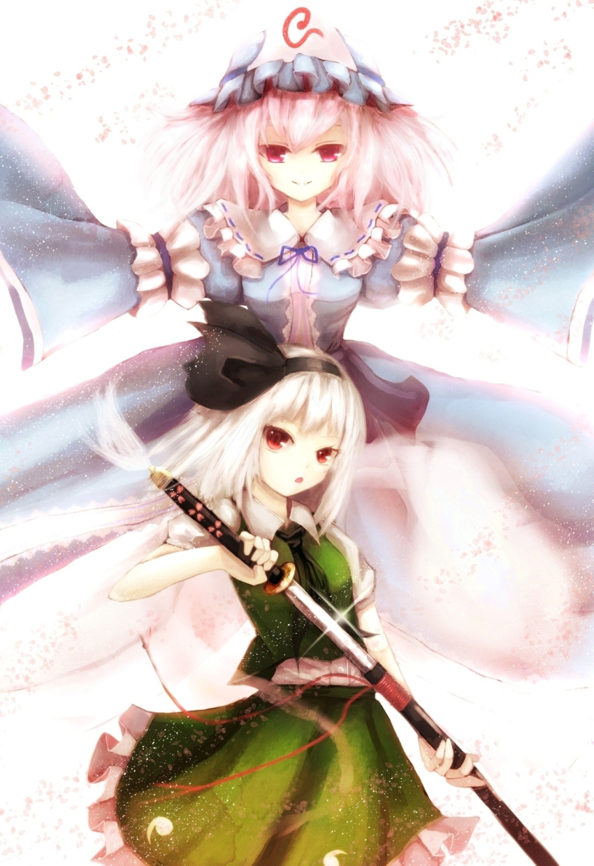 2girls, basilis9, blush, breasts, hat, highres, hitodama, japanese_clothes