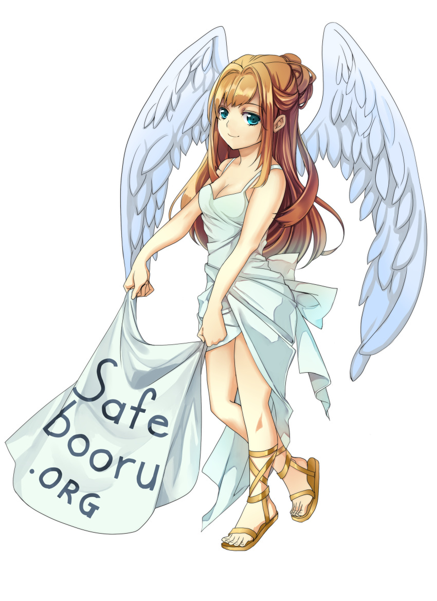 1girl, absurdres, angel, angel_wings, aqua_eyes, bare_shoulders, blue_eyes, breasts, brown_hair, cleavage, dress, eyebrows, eyelashes, female, full_body, highres, long_hair, looking_at_viewer, lucidsky, mascot, safebooru, safebooru-tan, sandals, simple_background, smile, solo, standing, standing_on_one_leg, white_background, wings