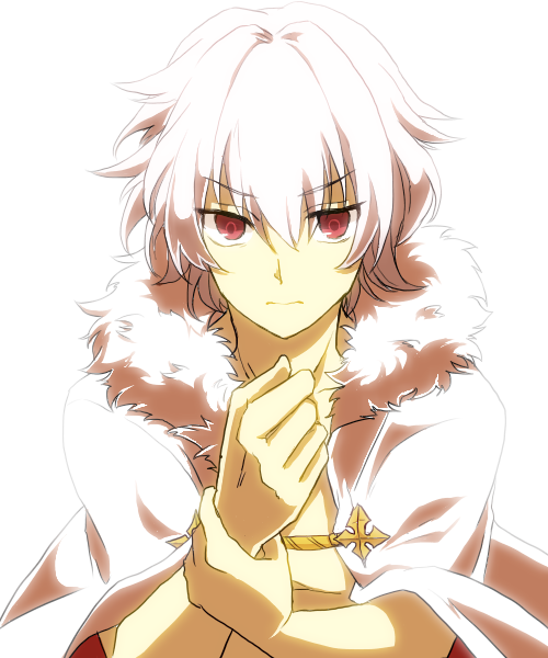1boy, cape, fate/apocrypha, fate_(series), fur_trim, homunculus_(fate/apocrypha), red_eyes, solo