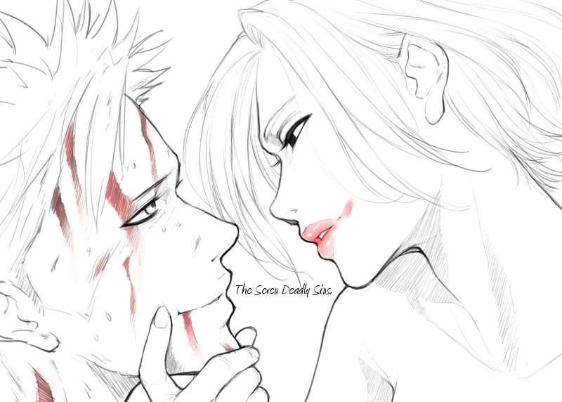 1boy, 1girl, ban_(nanatsu_no_taizai), blood, blood_on_face, copyright_name, gamigamimissile, hetero, implied_kiss, jericho_(nanatsu_no_taizai), light_smile, lips, monochrome, nanatsu_no_taizai, short_hair, simple_background, smile, spiky_hair, white_background