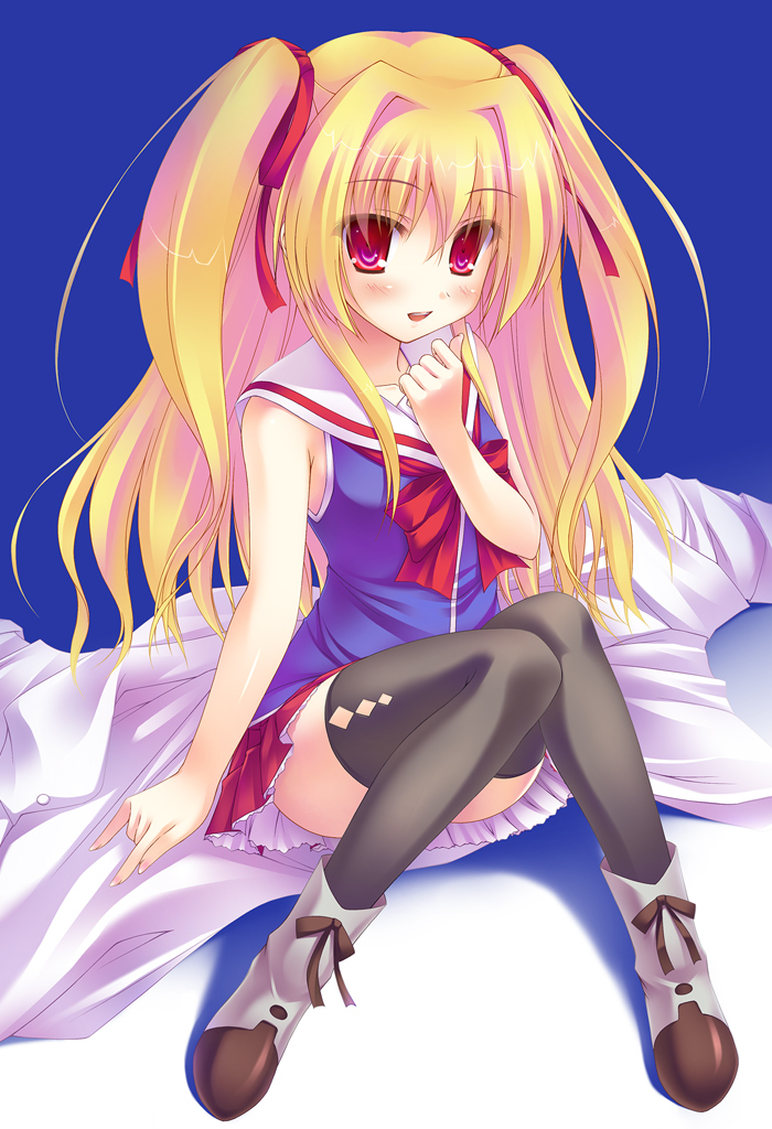 1girl, black_legwear, blonde_hair, convenient_leg, hair_intakes, hair_ribbon, irotoridori_no_sekai, nikaidou_shinku