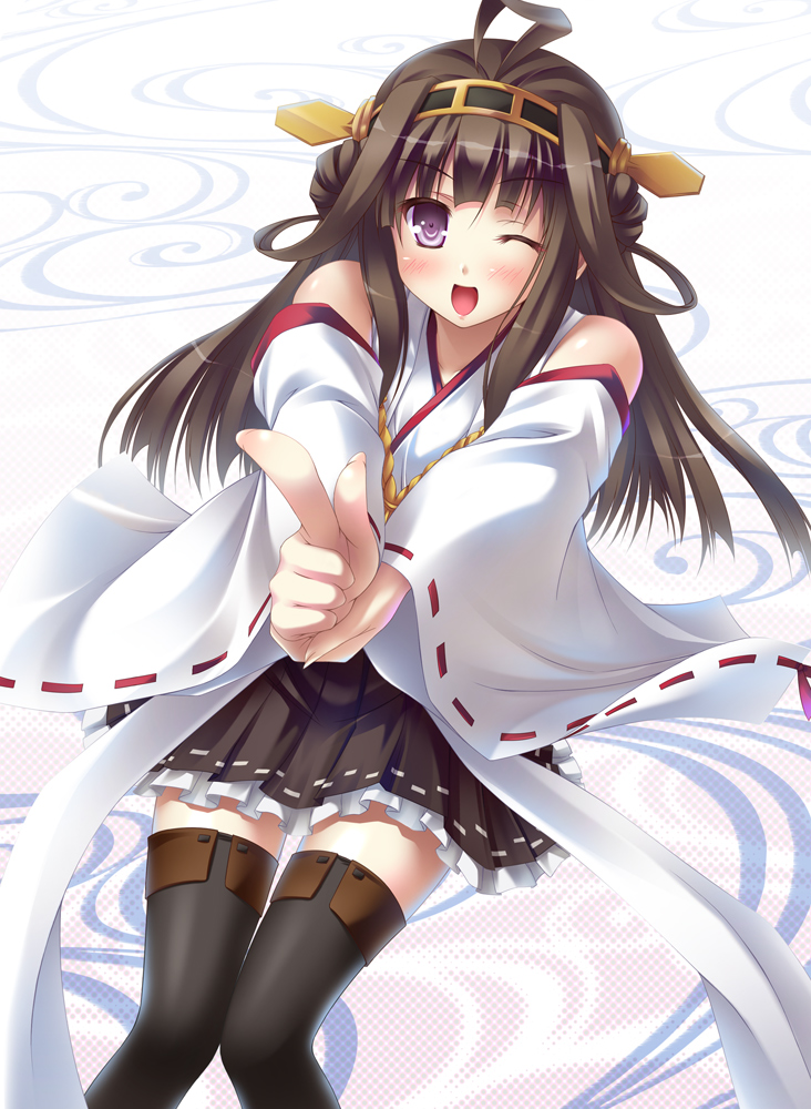 1girl, ahoge, brown_hair, detached_sleeves, hair_ornament, hairband, headgear, japanese_clothes