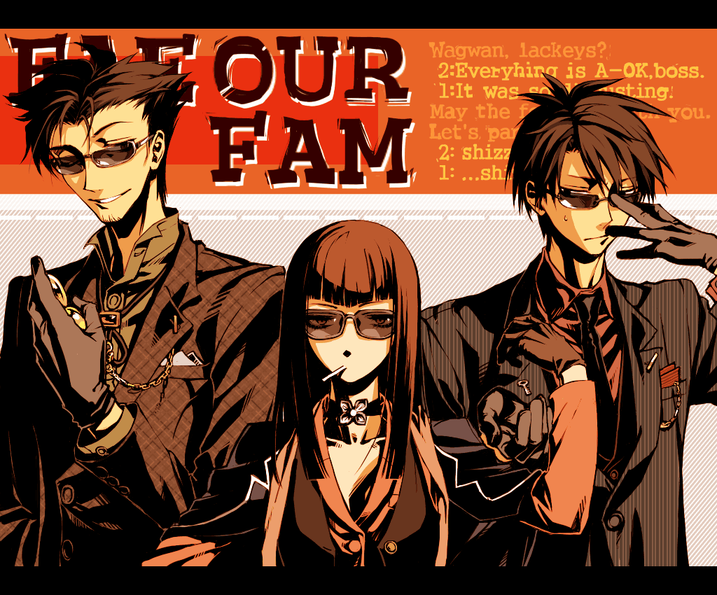 1girl, 2boys, black_hair, choker, cigarette, coat_on_shoulders, dorothy_magee-hauser, facial_hair