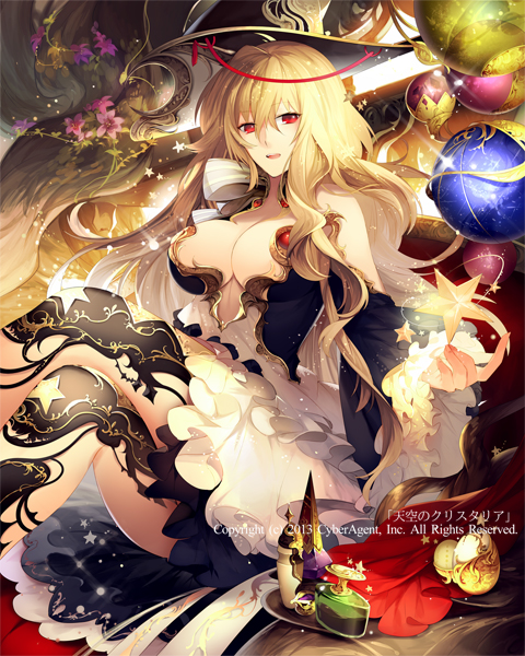 1girl, breasts, cleavage, dress, hat, long_hair, looking_at_viewer, nekonabe_ao