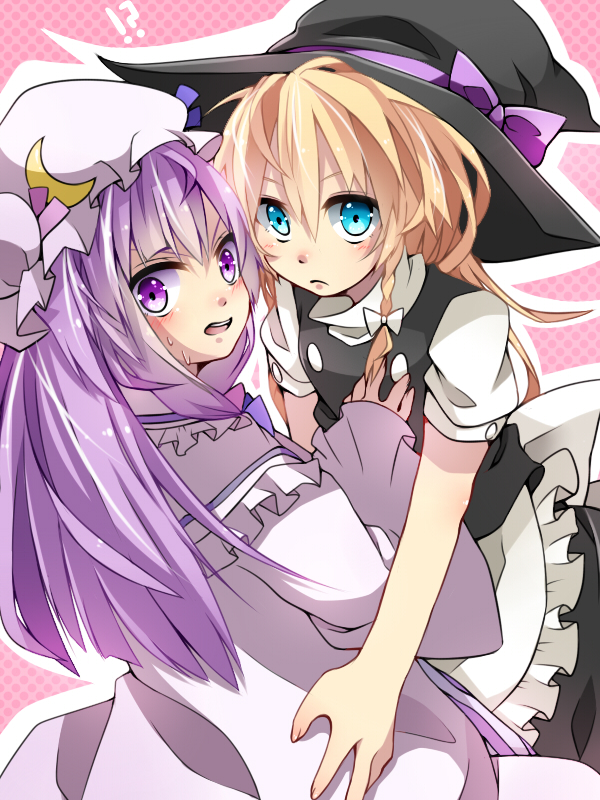 !?, 2girls, alternate_eye_color, bbr_brbr, blonde_hair, blue_eyes, blush, hat