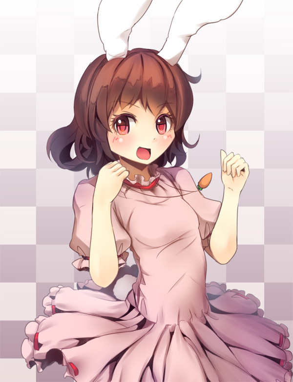 1girl, animal_ears, brown_hair, carrot, culter, dress, inaba_tewi, jewelry