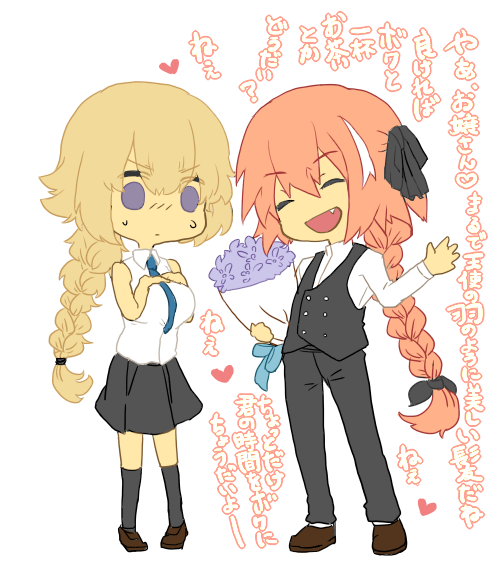 1boy, 1girl, ^_^, blonde_hair, bouquet, braid, breasts, chibi, closed_eyes, fang, fate/apocrypha, fate_(series), flower, hair_ribbon, kneehighs, large_breasts, necktie, open_mouth, pink_hair, ribbon, rider_of_black, ruler_(fate/apocrypha), single_braid, sleeveless, sleeveless_shirt, smile, sweat, translation_request, violet_eyes, waistcoat, woodrice