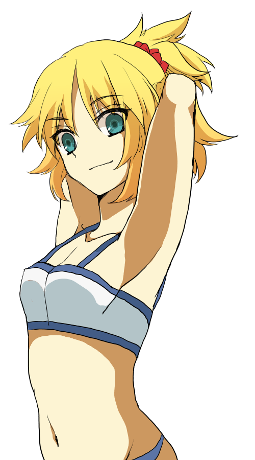 1girl, aqua_eyes, arms_behind_head, blonde_hair, bust, fate/apocrypha, fate_(series), ponytail