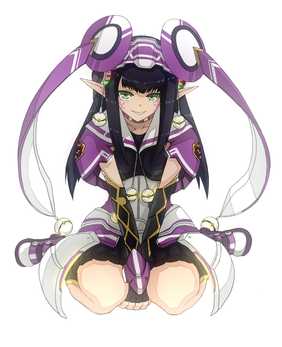 1girl, between_thighs, black_hair, facepaint, fingerless_gloves, gloves, green_eyes, hat, highres, long_hair, looking_at_viewer, phantasy_star_online_2, pointy_ears, r_n_(kisaragiyurii), rupika_(pso2), sitting, skirt, smile, solo, v_arms, wariza, wiola_magica