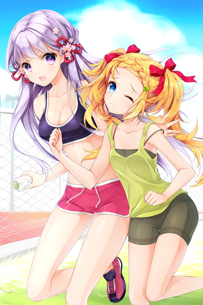 2girls, bike_shorts, blonde_hair, blue_eyes, bottle, breasts, chain-link_fence, cleavage, frett, juna, multiple_girls, pintail, purple_hair, short_shorts, shorts, sleeveless, sleeveless_shirt, sports_bra, sword_girls, tagme, violet_eyes, water_bottle