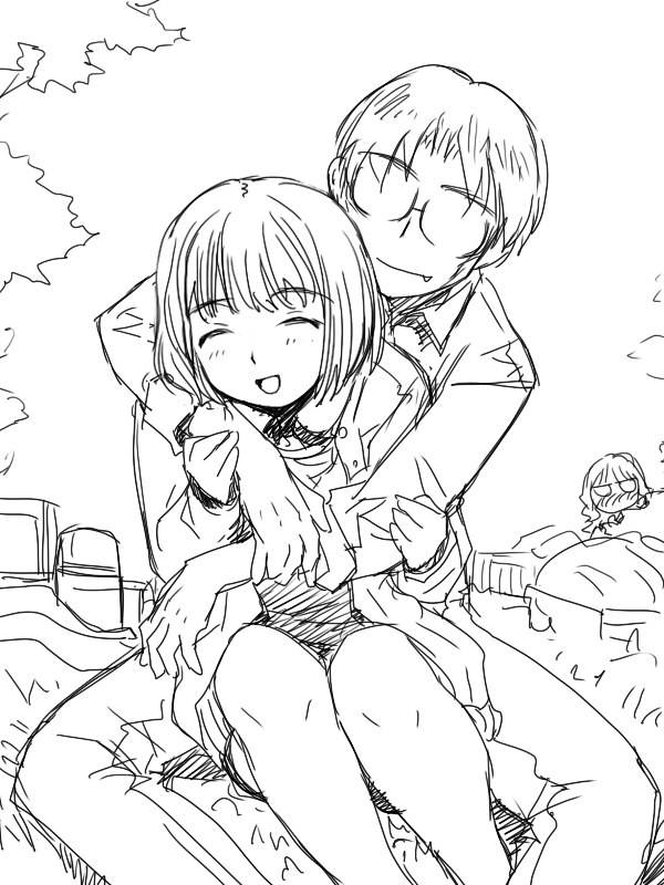 1girl, 2boys, ^_^, blush, closed_eyes, crossdressinging, genshiken, glasses