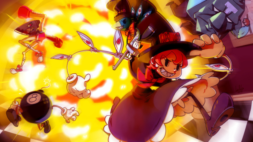 1girl, andy_anvil, artist_request, avery_(skullgirls), dress, explosion, eye_socket, george_the_bomb