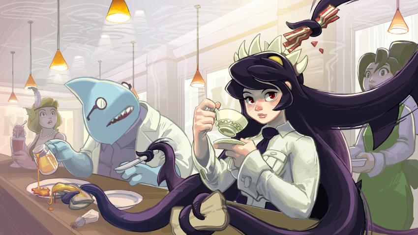 artist_request, bacon, black_hair, cup, fangs, filia_(skullgirls), food, glasses