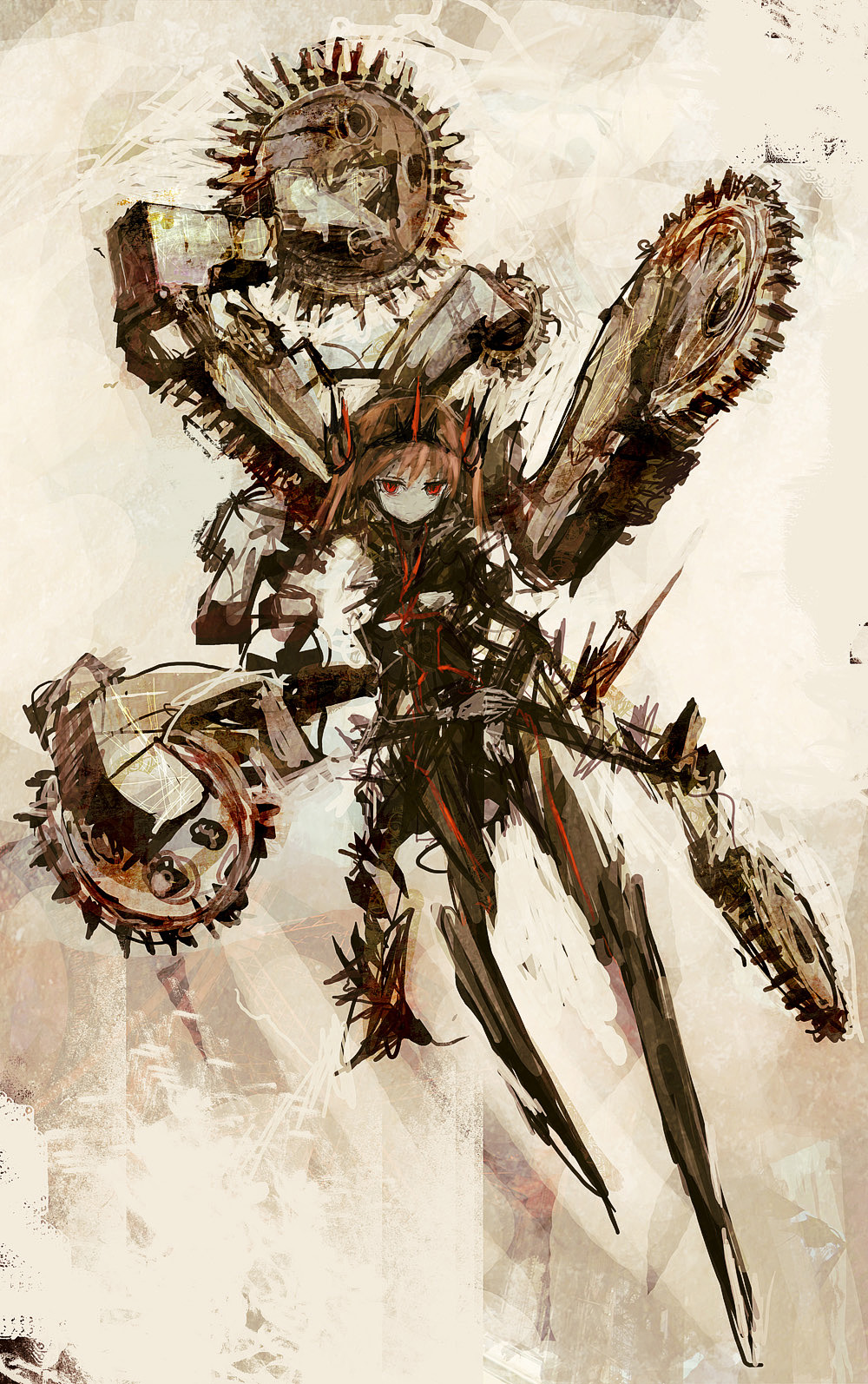 1girl, crown, cyberpunk, cyborg, expressionless, gears, highres, lm7_(op-center), mechanical, original, red_eyes, redhead, saw_blade, science_fiction, sketch, solo, spikes, tagme