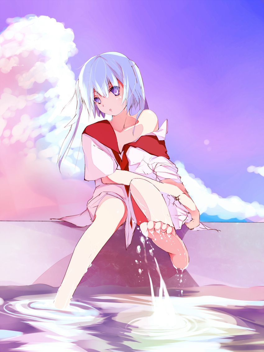 1girl, blue_hair, clouds, feet, feet_in_water, hatsune_miku, highres, katuo1129