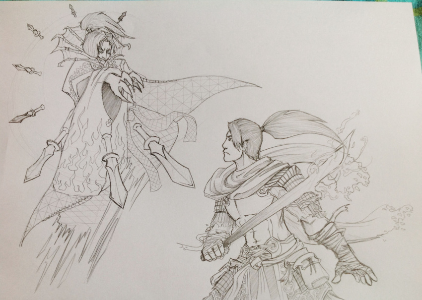 2boys, angry, dagger, evil_grin, evil_smile, fighting, grin, hakama