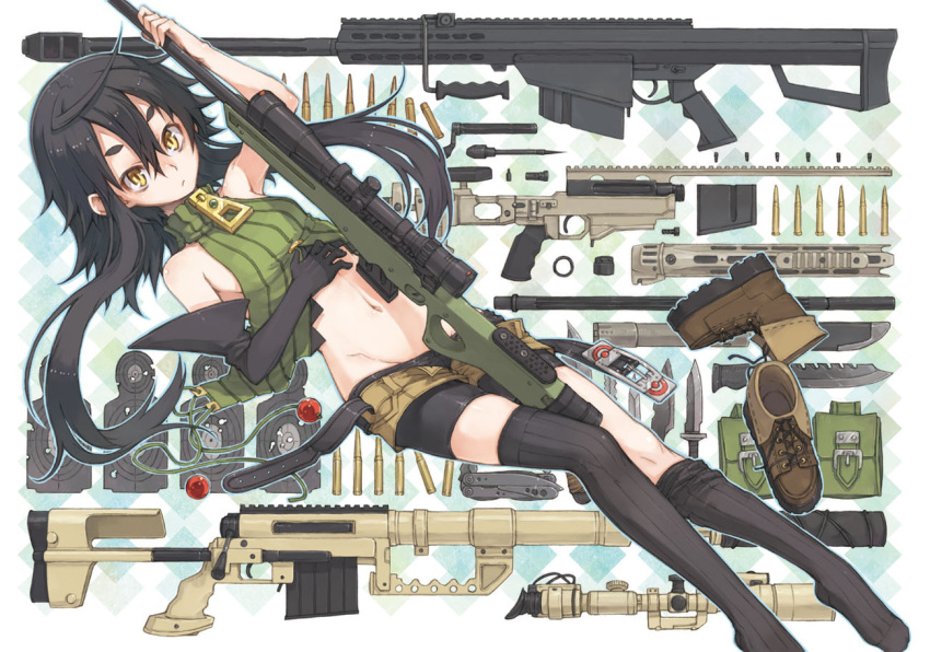 1girl, ai_arctic_warfare, anti-materiel_rifle, argyle, argyle_background, barrett, barrett_m82, belt, bike_shorts, black_legwear, bolt_action, boots, bullet, bullet_hole, cheytac_m200, combat_knife, elbow_gloves, gloves, gun, holding, knife, long_hair, midriff, navel, nike_(smaaaash), open_fly, original, outline, rifle, scope, shenwu_(nike), shoes_removed, shorts, silhouette_target, sniper_rifle, solo, striped, striped_legwear, swiss_army_knife, thigh-highs, thighhighs_pull, turtleneck, unzipped, vertical_stripes, weapon, yellow_eyes