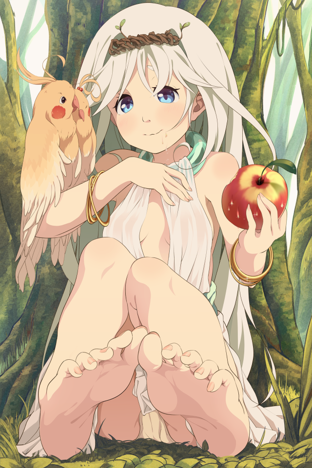 1girl, apple, barefoot, bird, blue_eyes, bracelet, brown_hair, cockatoo, dress, eating, feet, food, fruit, jewelry, leaf, long_hair, nature, onion_pikupiku, original, parrot, sitting, smile, soles, solo, toes, tree, wavy_mouth
