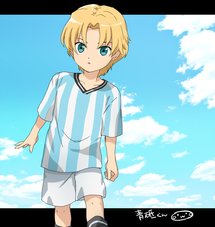 1boy, aoto_gonzales_takuma, aqua_eyes, blonde_hair, character_name, clouds, ginga_e_kickoff!!, letterboxed