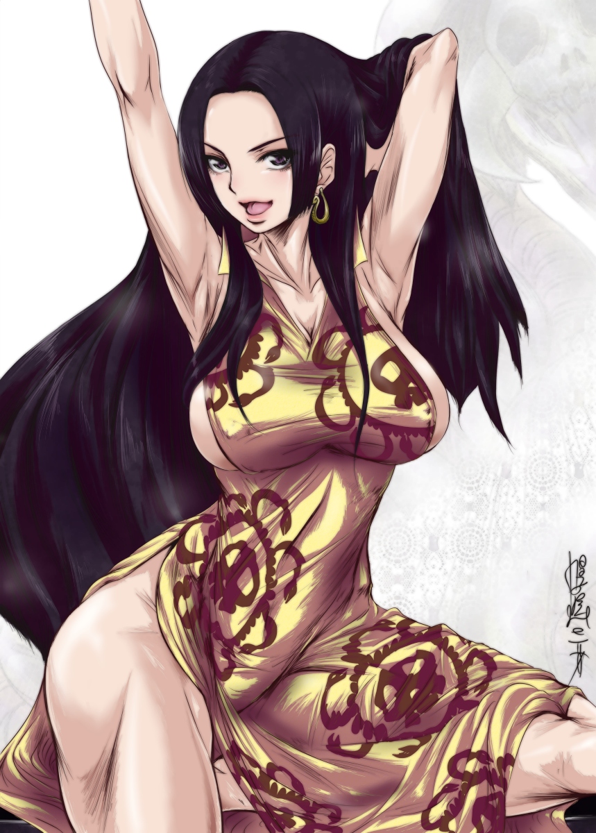 arms_up, bad_id, black_hair, boa_hancock, breasts, china_dress, chinese_clothes, earrings