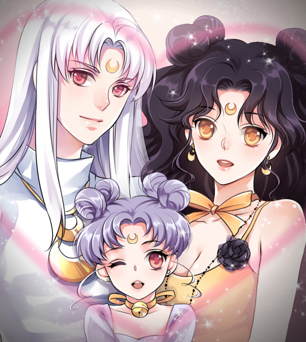 1boy, 2girls, artemis_(sailor_moon), bell, bishoujo_senshi_sailor_moon, black_hair, choker, crescent