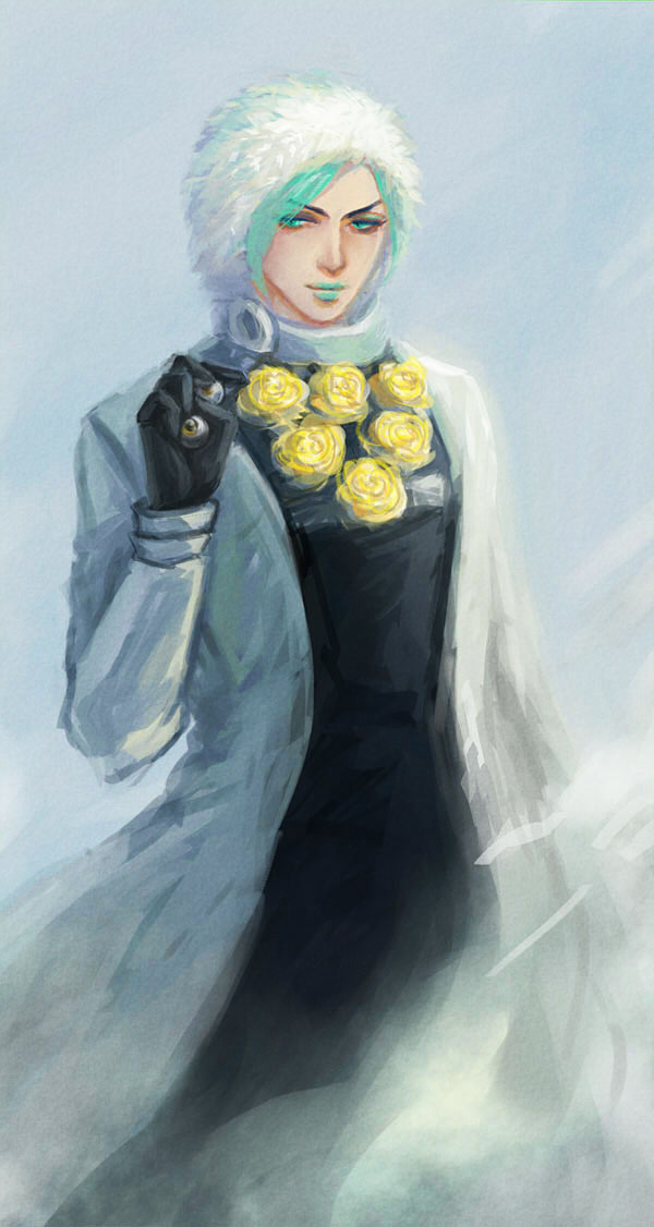 1boy, aqua_eyes, aqua_hair, changye, doctor_ferdinand, eyeballs, flower, gloves, hood, jojo_no_kimyou_na_bouken, solo, steel_ball_run