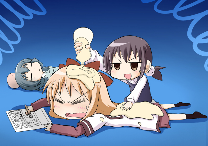 3girls, black_hair, blonde_hair, blue_hair, brown_eyes, drawing, eyebrows, furutani_kaede