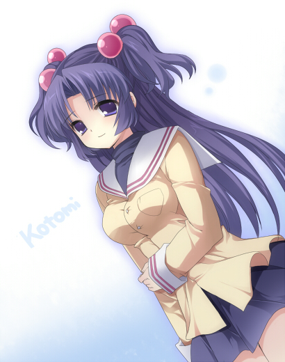 clannad, dutch_angle, hair_bobbles, hair_ornament, ichinose_kotomi, long_hair, mayachi_(amuriya), purple_eyes